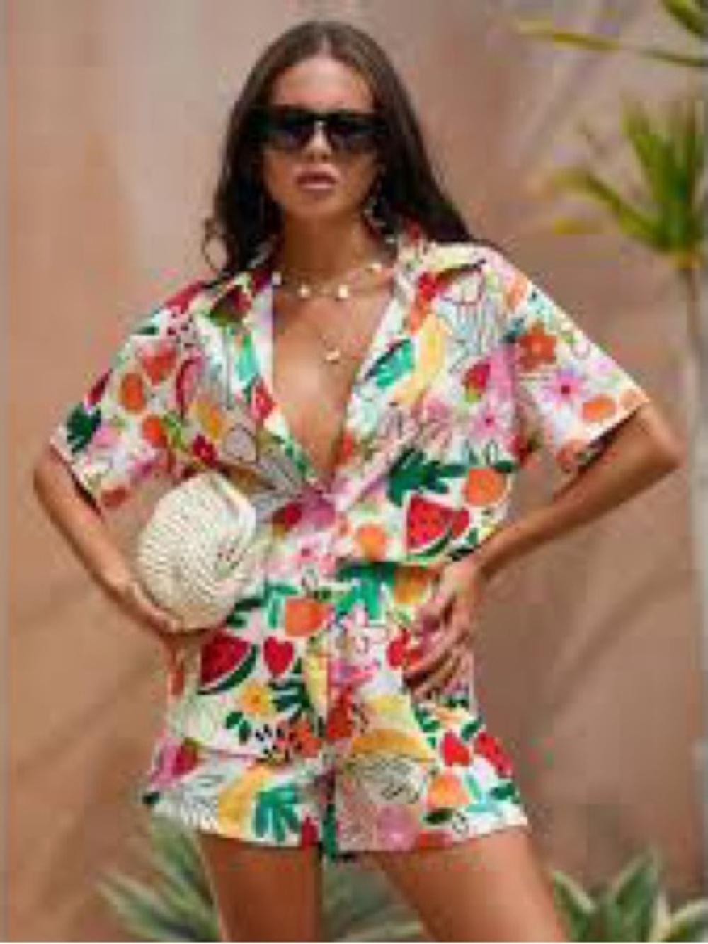 ban.do Pineapple & Floral Button-Up Shirt — Red, Green, Yellow